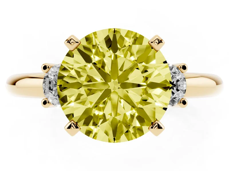 Fancy Yellow Three-Stone Round Cut Diamond Ring Set in Yellow gold with Prong Setting and Plain Band
