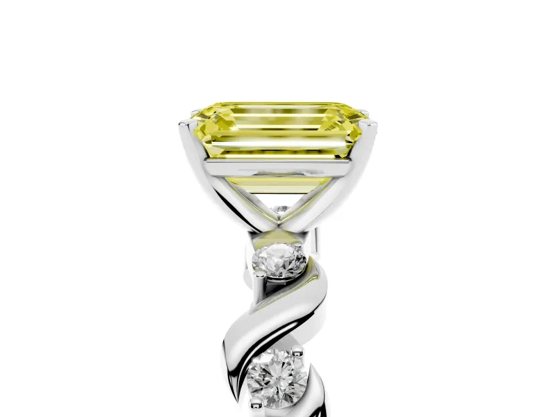 Fancy Yellow Emerald Cut Diamond Solitaire Ring Set in White gold with Ribbon Twist Band, Round Accents and Prong Setting