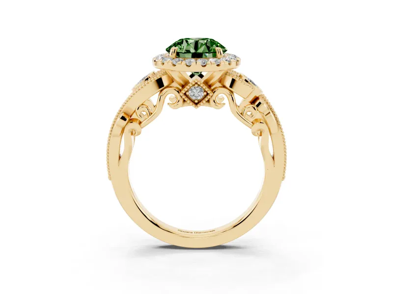 Fancy Green Round Cut Diamond Halo Ring Set in Yellow gold with Milgrain Pavé Band and Prong Setting