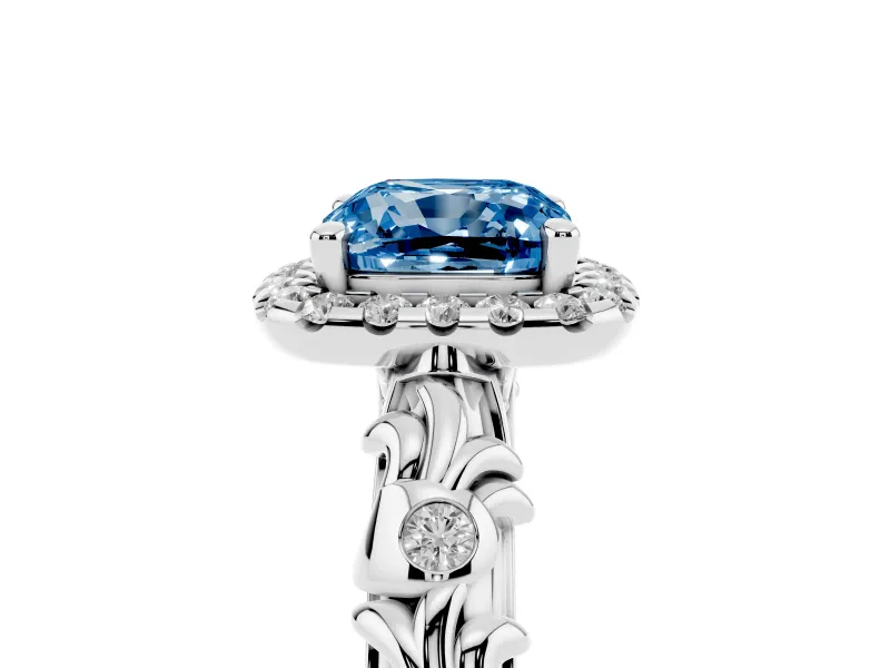 Cushion Cut Leaf Halo Engagement Ring Setting for a Fancy Blue Lab-Grown Diamond | Bezel Accents | White Gold