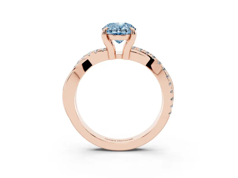 Fancy Blue Oval Cut Diamond Twist Band Solitaire Set in Rose gold with Pavé Accents and Prong Setting