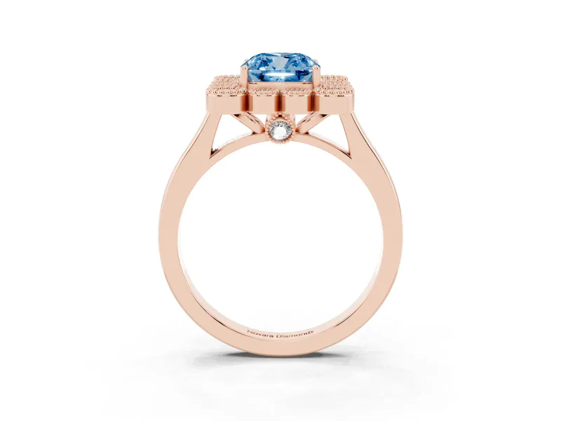 Cushion Cut Milgrain Cluster Halo Engagement Ring Setting for a Fancy Blue Lab-Grown Diamond | Plain Band | Rose Gold