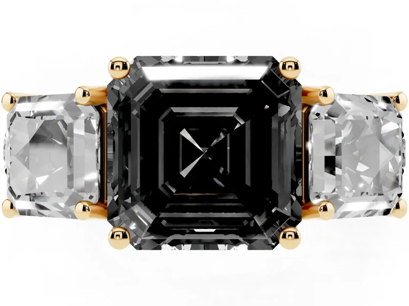 Asscher Cut Three Stone Engagement Ring Setting for a Black Center | Accented Shoulders | Yellow Gold