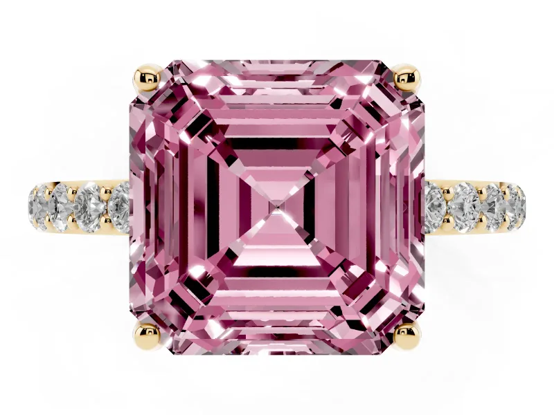 Asscher Cut Pave Solitaire Engagement Ring Setting for a Fancy Pink Lab-Grown Diamond | Slim Band | Yellow Gold