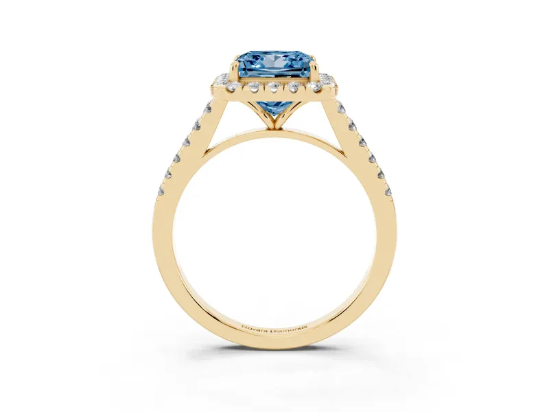 Princess Cut Halo Engagement Ring Setting for a Fancy Blue Lab-Grown Diamond | Pave Shoulders | Yellow Gold