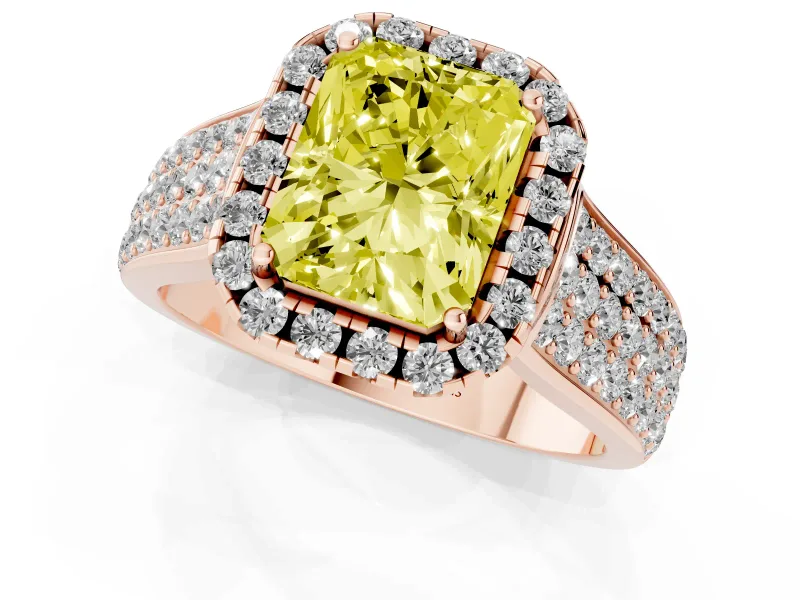 Radiant Cut Pavé Engagement Ring Setting for a Fancy Yellow Lab-Grown Diamond | Wide Three-Row Band | Rose Gold