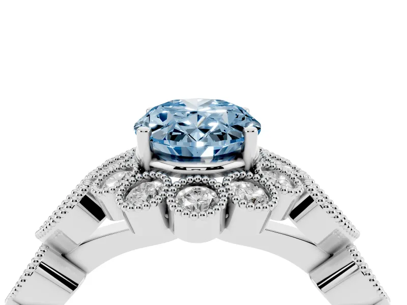 Oval Scalloped Halo Engagement Ring Setting for a Fancy Blue Lab-Grown Diamond | Heart Pavé Band | Platinum