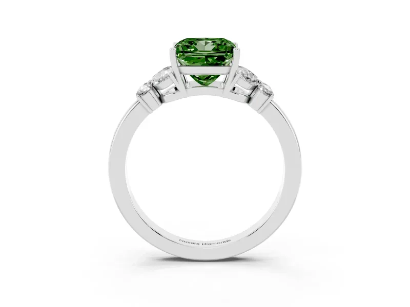 Fancy Green Princess Cut Diamond Solitaire Floral Ring Set in White gold with Marquise Petals and Prong Setting