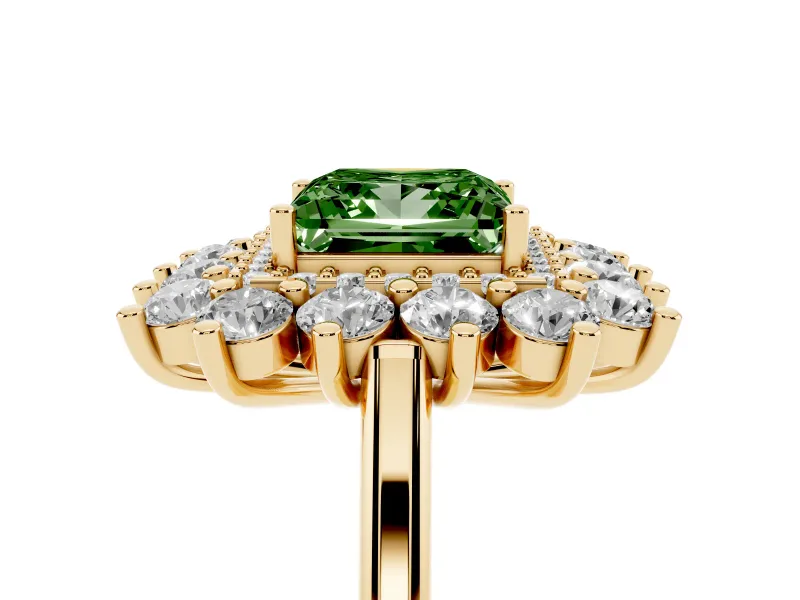 Princess Cut Floral Double Halo Engagement Ring Setting for a Fancy Green Lab-Grown Diamond | Plain Band | Yellow Gold