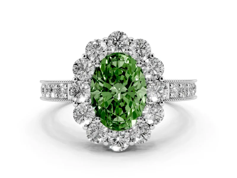 Fancy Green Oval Cut Diamond Halo Pavé Engagement Ring Set in White gold with Milgrain Detailing