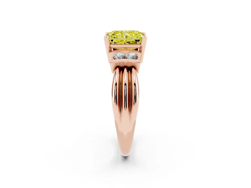 Fancy Yellow Three-Stone Radiant Cut Diamond Channel Set Ring Set in Rose gold with Bar Prongs