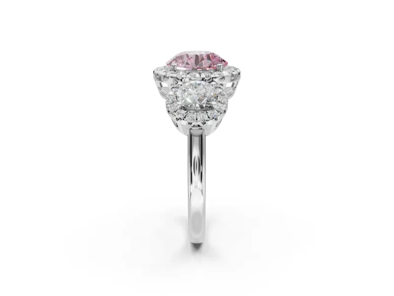 Round Three Stone Halo Engagement Ring Setting for a Fancy Pink Lab-Grown Diamond | Platinum