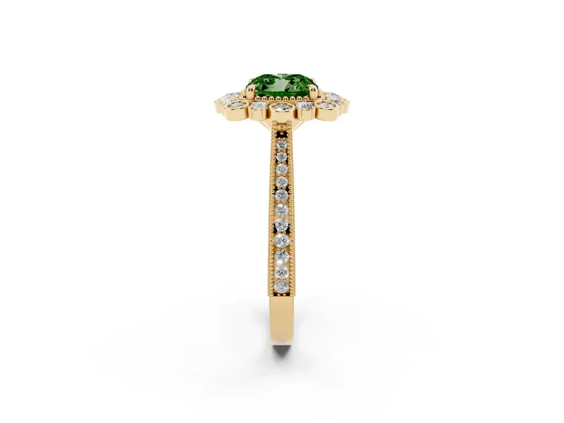 Fancy Green Cushion Cut Diamond Halo Milgrain Pavé Ring Set in Yellow gold with Prong Setting