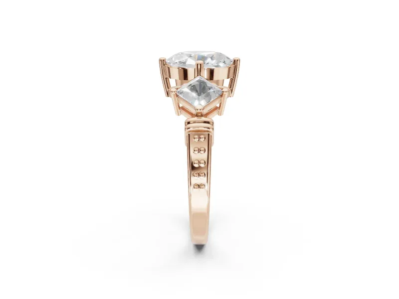 Oval Three Stone Engagement Ring Setting | On-Point Princess Side Stones | Rose Gold
