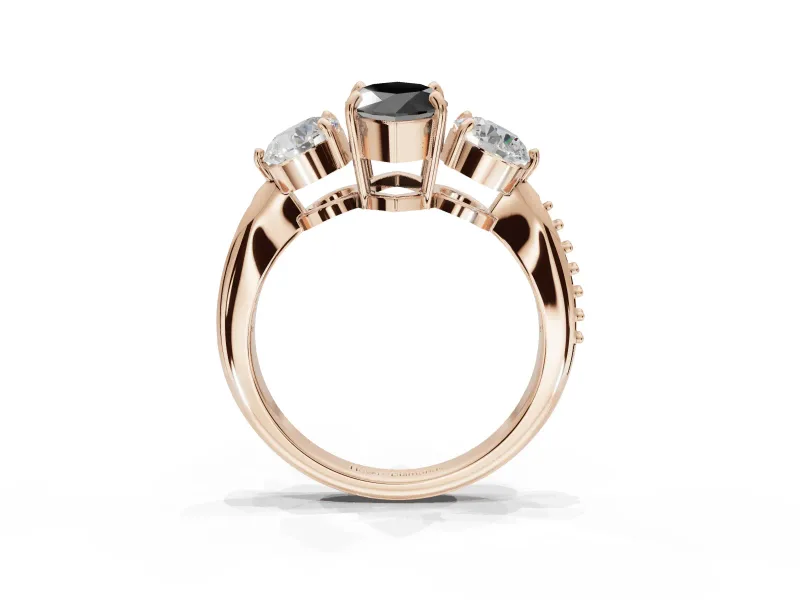 Fancy Black Marquise Lab-Grown Diamond Three-Stone Ring Set in Rose Gold with Channel-Set Band and Prong Setting