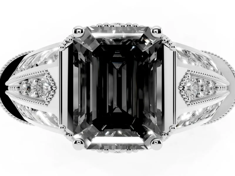 Fancy Black Emerald Cut Diamond Vintage-Inspired Milgrain Ring Set in Platinum with Accent Split Shank