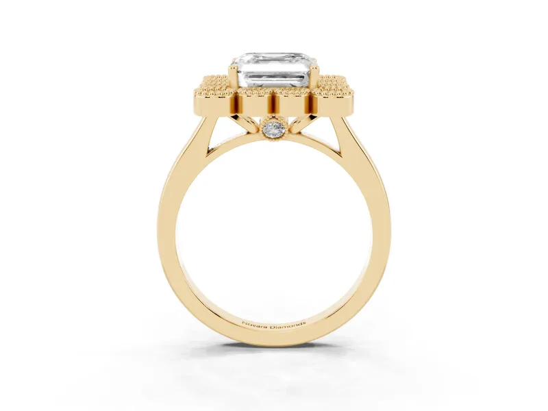 Asscher Cut Vintage Milgrain Bezel Cluster Halo Engagement Ring Setting | Plain Band | Yellow Gold
