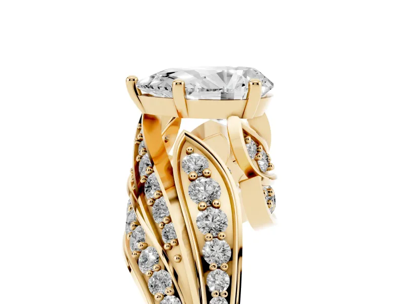 Pear Cut Diamond Solitaire Ring Set in Yellow gold with Layered Twist Pavé Band