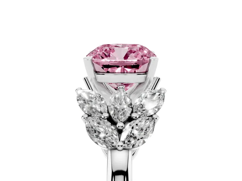 Fancy Pink Cushion Cut Diamond Cluster Leaf Design Ring Set in Platinum with Prong Setting