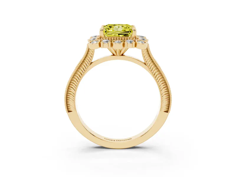 Fancy Yellow Princess Cut Diamond Halo Milgrain Pavé Ring Set in Yellow gold with Prong Setting