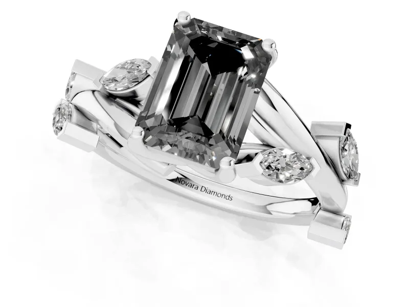 Fancy Black Emerald Cut Diamond Solitaire Ring Set in White gold with Twisted Marquise Accent Band