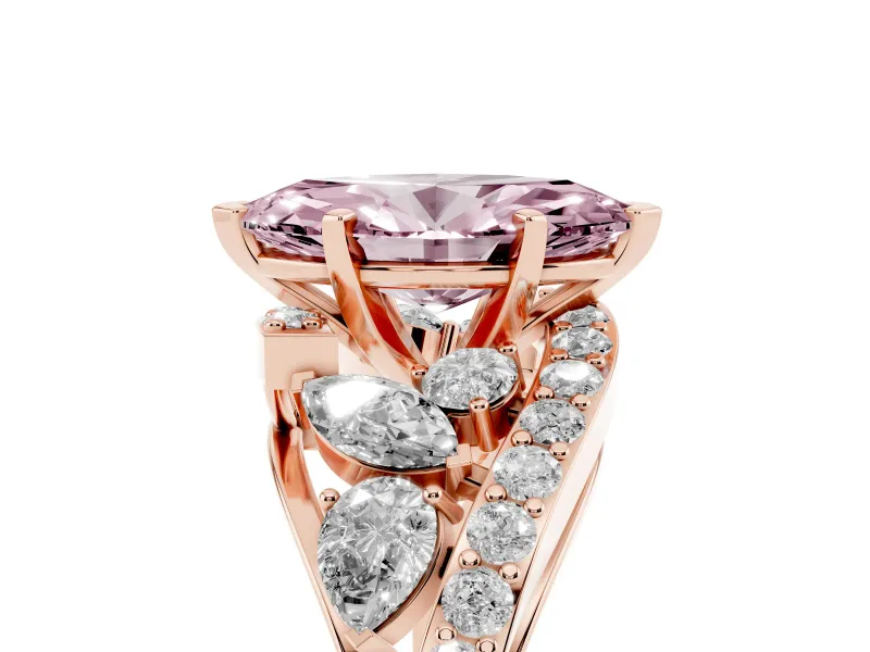 Fancy Pink Marquise Cut Diamond Halo Ring Set in Rose gold with Marquise and Pavé Band in Prong Setting