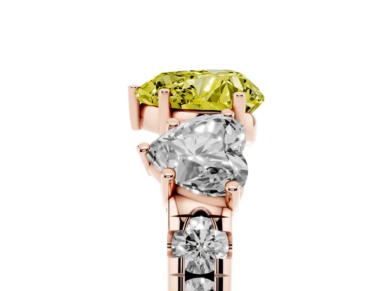 Fancy Yellow Heart Cut Diamond Three-Stone Ring Set in Rose gold with Pavé Band