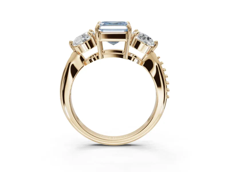 Asscher Cut Three Stone Engagement Ring Setting for a Fancy Blue Lab-Grown Diamond | Tapered Pave Band | Yellow Gold