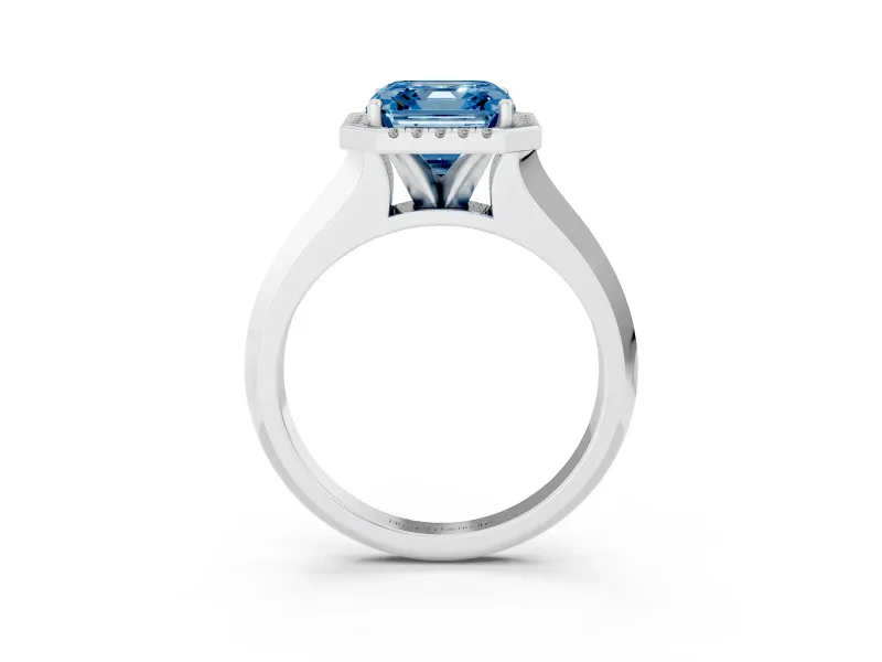 Fancy Blue Asscher Cut Diamond Halo Ring Set in White gold with Cathedral Band and Prong Setting