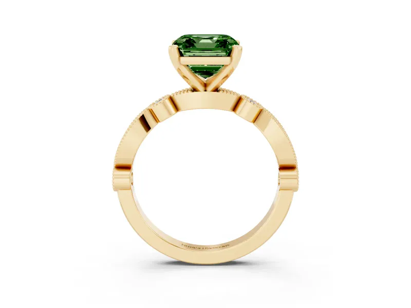 Fancy Green Asscher Cut Diamond Solitaire Engagement Ring Set in Yellow gold with Milgrain Bezel Accent Band
