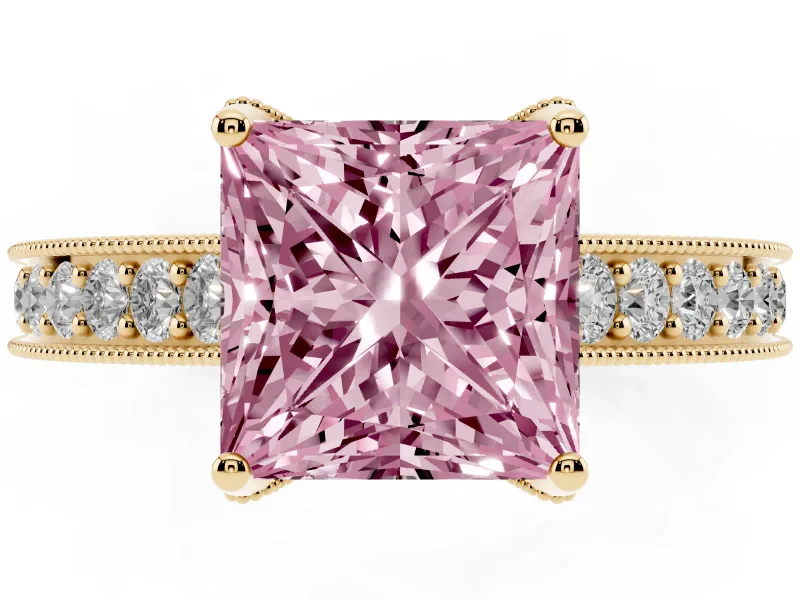 Princess Cut Hidden Halo Engagement Ring Setting for a Fancy Pink Lab-Grown Diamond | Milgrain Pave | Yellow Gold
