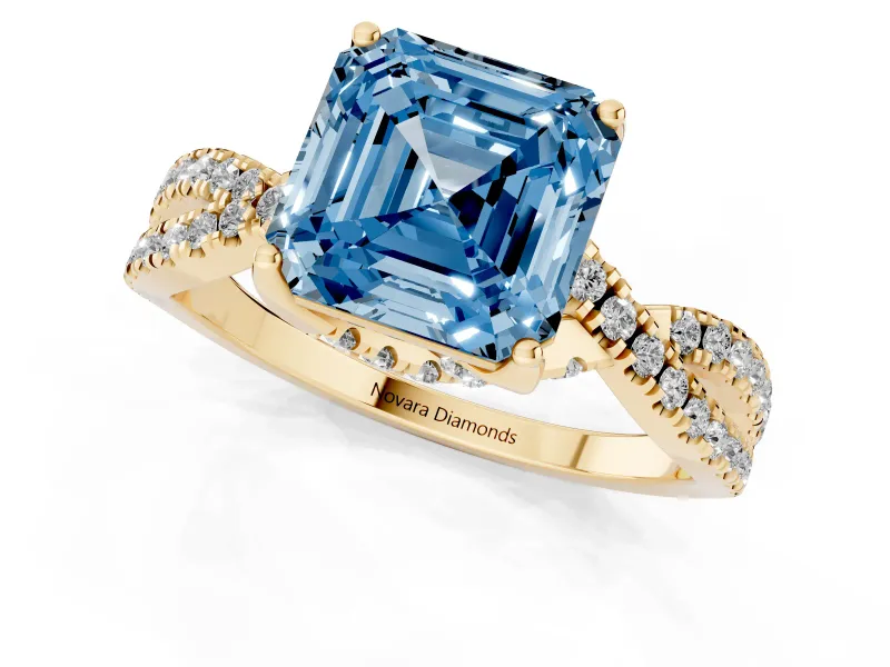 Asscher Cut Twisted Pave Engagement Ring Setting for a Fancy Blue Lab-Grown Diamond | Split Shank | Yellow Gold