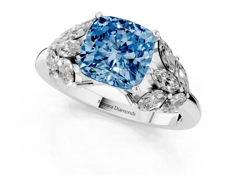 Fancy Blue Cushion Cut Diamond Cluster Leaf Design Ring Set in Silver with Prong Setting