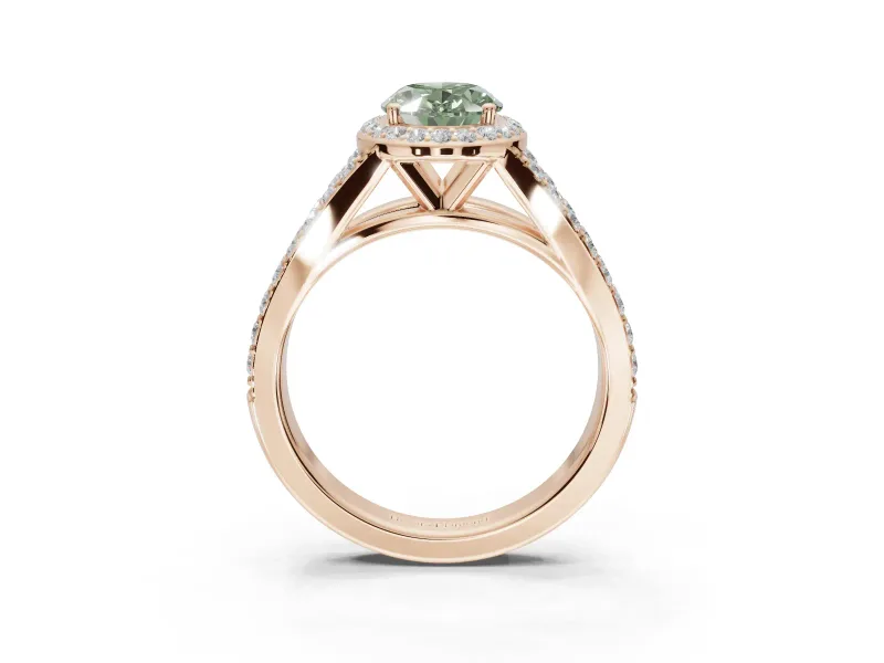 Oval Halo Pavé Engagement Ring Setting for a Fancy Green Lab-Grown Diamond | Narrow Split Shank | Rose Gold