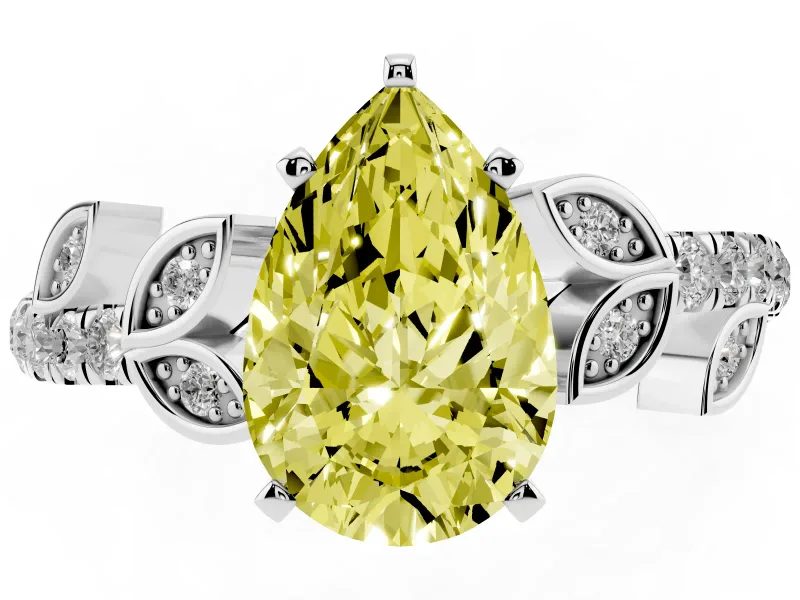 Fancy Yellow Pear Cut Diamond Solitaire Leaf-Inspired Ring Set in White gold with Pavé Band and Prong Setting
