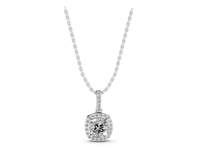 Cushion Cut Lab-Grown Diamond Halo Pendant Necklace | Pavé Bail | Sterling Silver
