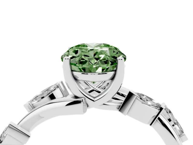 Fancy Green Oval Cut Diamond Solitaire Ring Set in Platinum with Twisted Marquise Accent Band