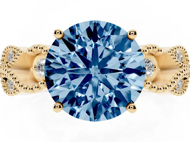 Fancy Blue Round Cut Diamond Milgrain Leaf Band Solitaire Ring Set in Yellow gold with Accent Stones and Prong Setting