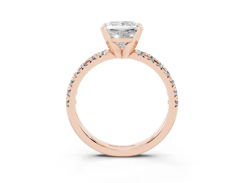 Princess Cut Diamond Solitaire Pavé Engagement Ring Set in Rose gold with Round Band and Prong Setting