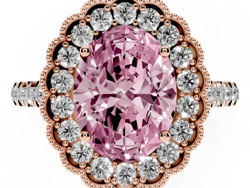 Fancy Pink Oval Cut Diamond Milgrain Floral Halo Engagement Ring Set in Rose gold with Pavé Band