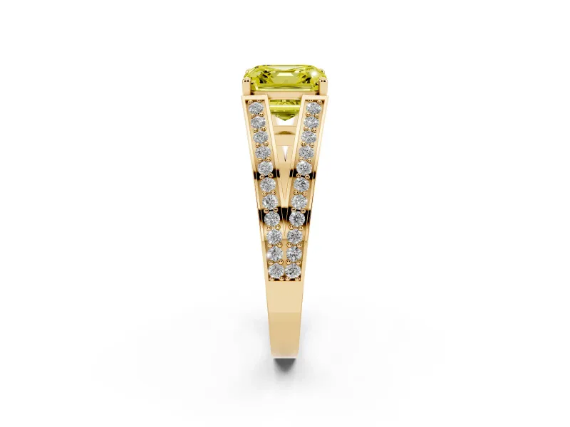 Fancy Yellow Asscher Cut Diamond Split Shank Ring Set in Yellow gold with Pavé Band and Prong Setting