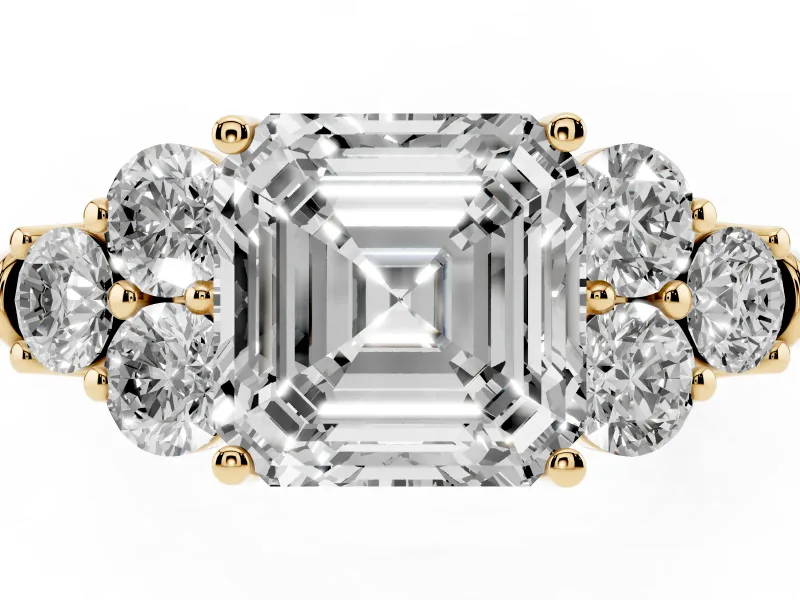 Asscher Cut Diamond Cluster Ring Set in Yellow gold with Round Accent Stones and Prong Setting on a Plain Band