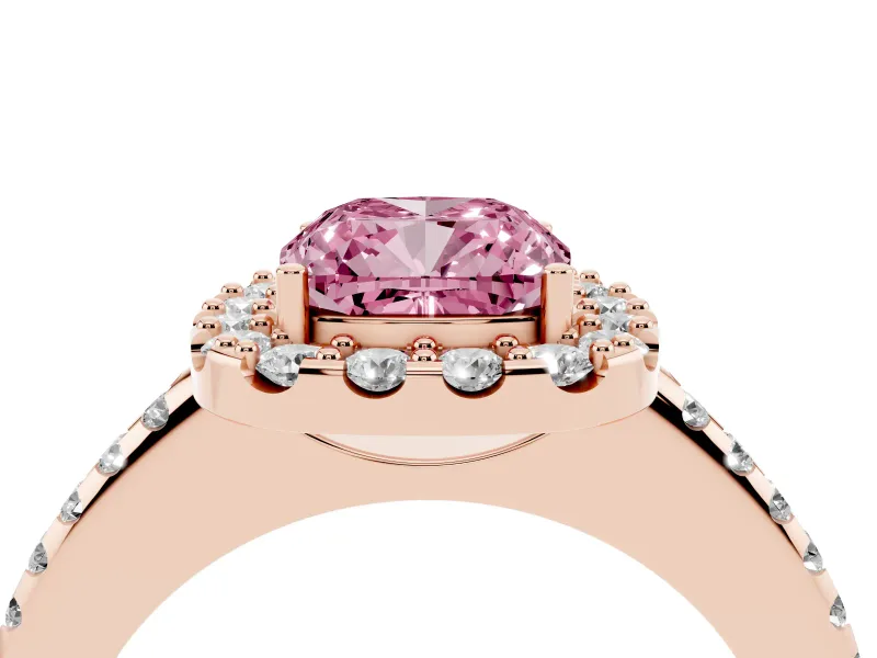Cushion Cut Pave Halo Engagement Ring Setting for a Fancy Pink Lab-Grown Diamond | Pave Band | Rose Gold