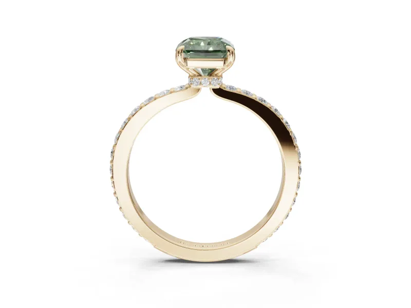 Radiant Cut Hidden Halo Engagement Ring Setting for a Fancy Green Lab-Grown Diamond | Pavé Band | Yellow Gold