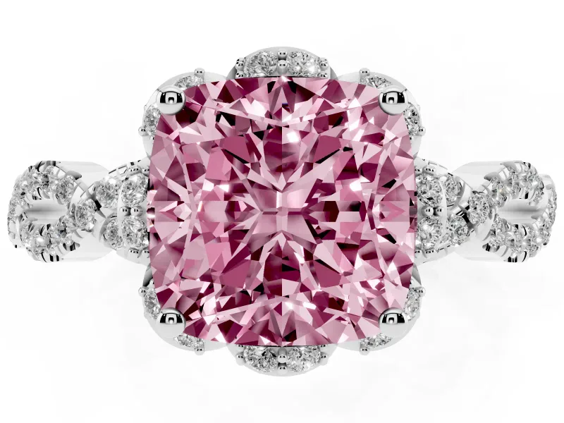 Fancy Pink Cushion Cut Diamond Halo Twist Band Solitaire Ring Set in Platinum with Prong-Set Center Stone