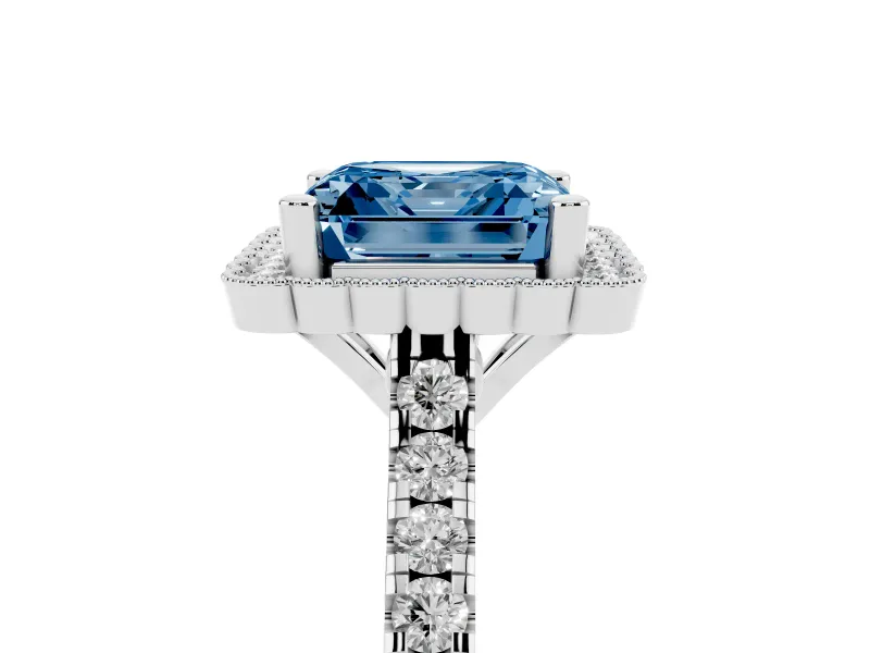 Fancy Blue Asscher Cut Diamond Milgrain Floral Halo Engagement Ring Set in White gold with Pavé Band