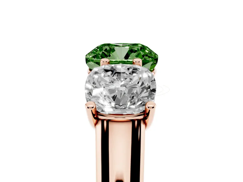 Cushion Cut Three Stone Engagement Ring Setting for a Fancy Green Lab-Grown Diamond | Basket Prong Heads | Rose Gold