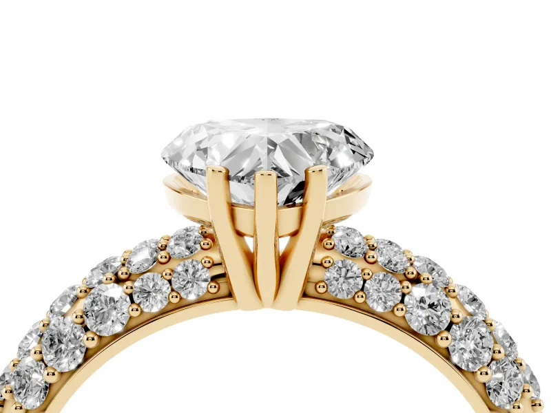 Heart-Shaped Multi Row Pave Solitaire Engagement Ring Setting | Domed Shoulders | Yellow Gold