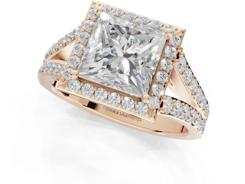 Princess Cut Halo Pavé Engagement Ring Setting | Narrow Split Shank | Rose Gold