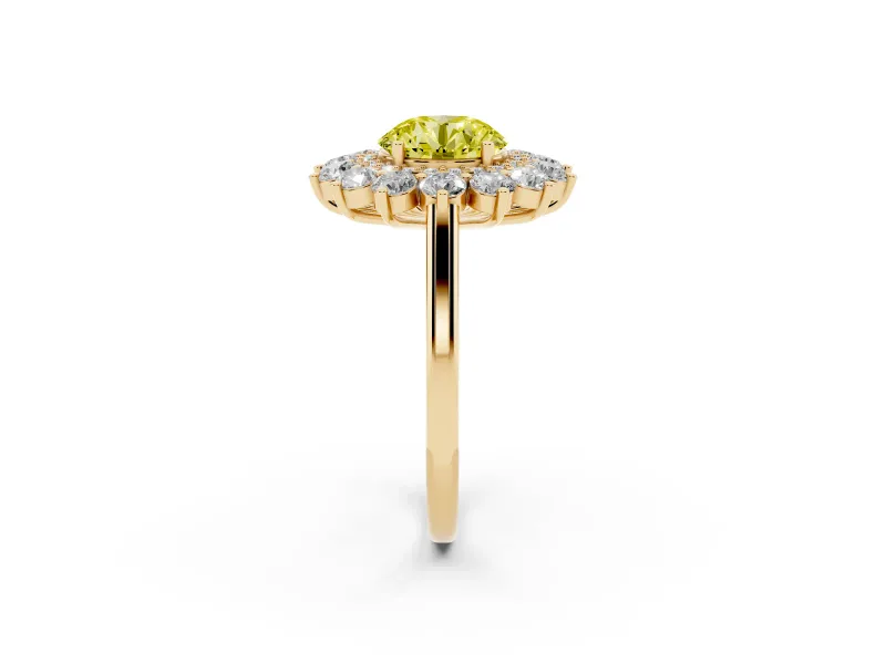 Round Floral Double Halo Engagement Ring Setting for a Fancy Yellow Lab-Grown Diamond | Plain Band | Yellow Gold
